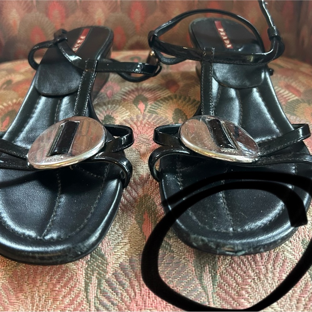 Prada Black Leather Strappy Sandals with Silver Disc Detail - Picture 6 of 6